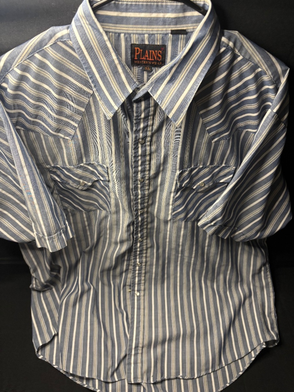 Plains Western Wear Men’s XL Pearl Snap Shirt Blue White Striped Short Sleeve.